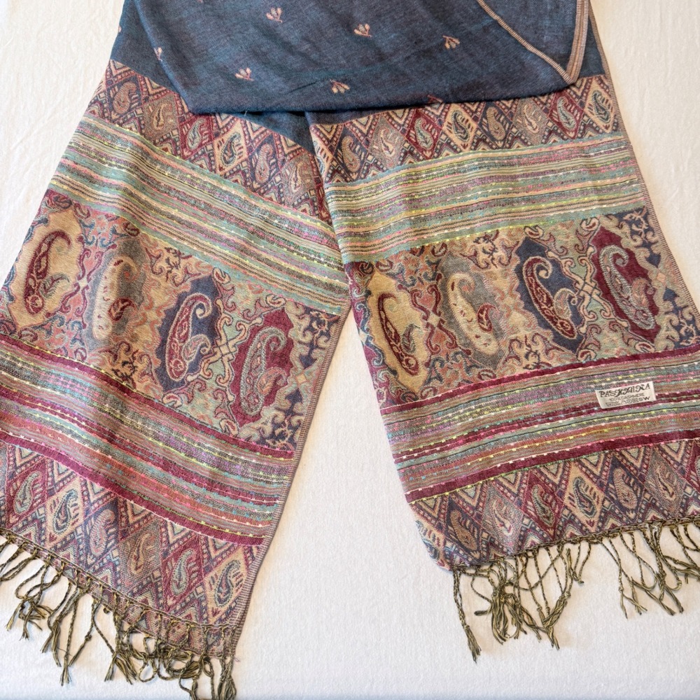 Pashmina 100% Cashmere Scarf Blue Paisley Wrap Shawl Warm Cozy Quiet Luxury